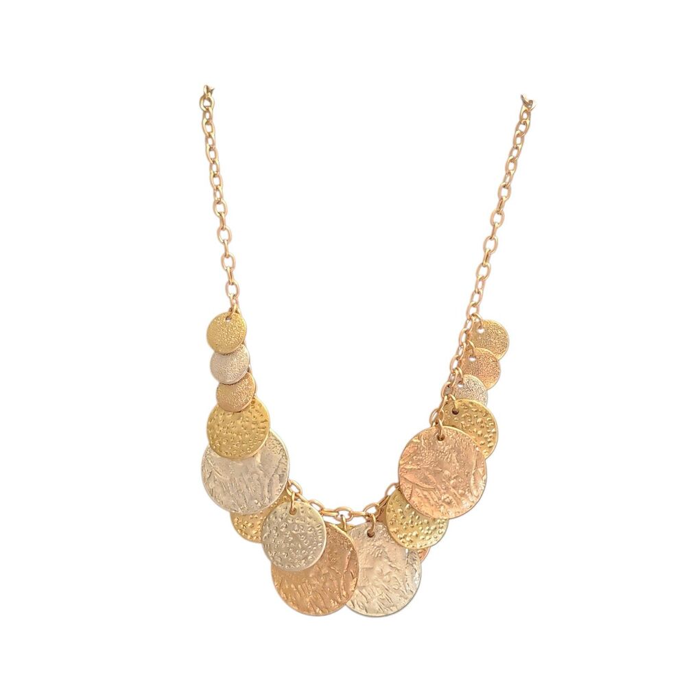 Textured Metal Discs Dangle Necklace Multi-Toned Silver Gold Copper Chain 20"